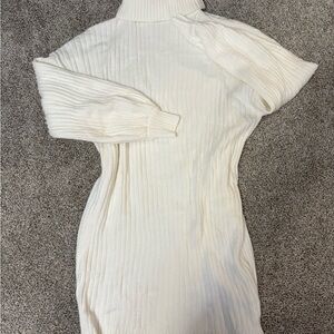 White Ribbed Turtleneck Sweater Dress